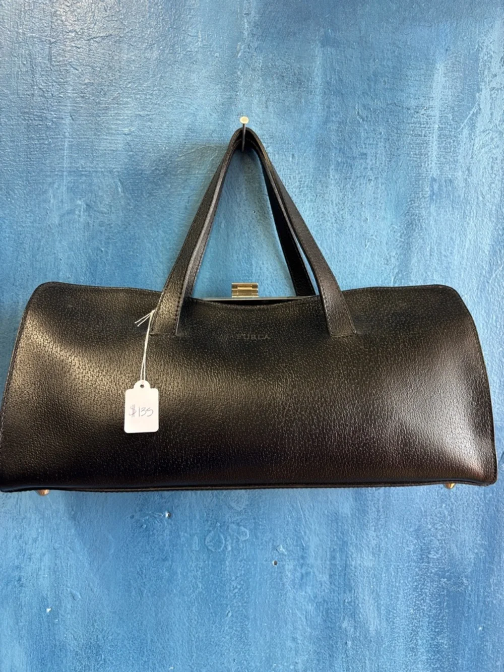 Furla Black Leather Duffel Tote with Gold Hardware